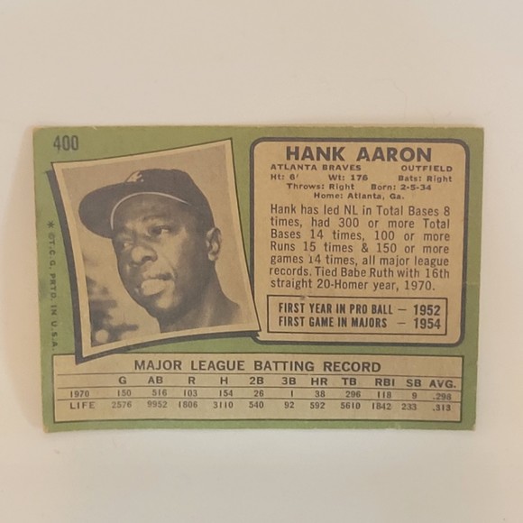 Vintage 1971 Hank Aaron #400 Topps Atlanta Braves Baseball Trading Card. - Picture 2 of 7